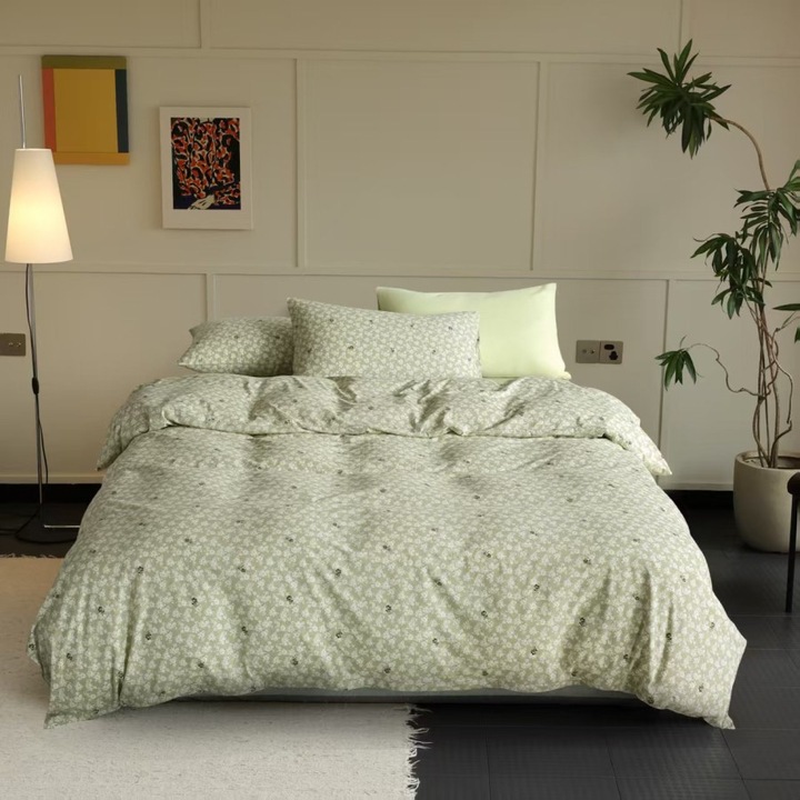 Lenjerie pat dublu din tricot cu elastic, bumbac 100%, 180 x 200 cm, 4 piese, Lenjerii Deosebite, verde salvie