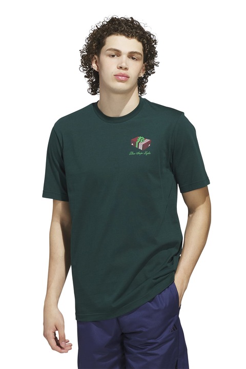 adidas Sportswear, Kerek nyakú pamutpóló, Erdőzöld