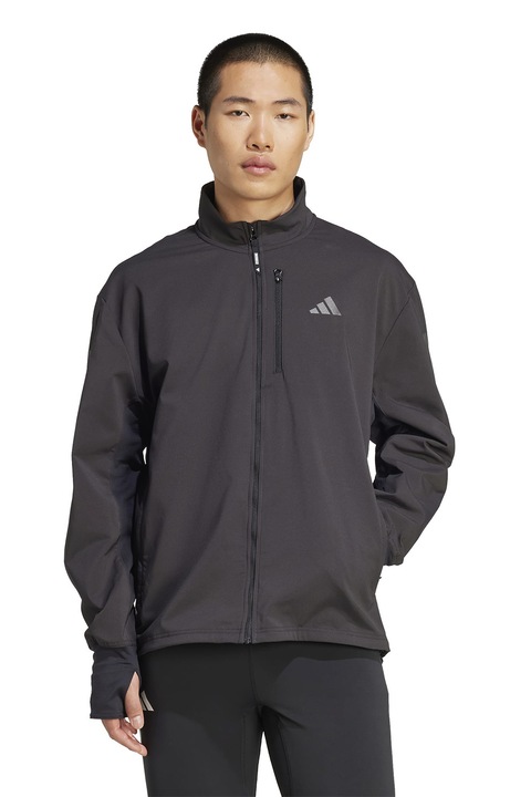 adidas Performance, Jacheta cu fermoar si fente pentru degete, pentru alergare, Negru