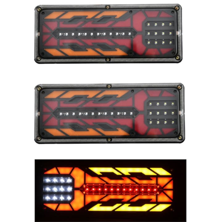 Set 2 Lampi Auto LED Spate, Universale, pentru Remorca, Camion si Trailer, utilaje agricole, 12 - 24V, Semnalizare dinamica, Pozitie, STOP, 33x13cm, rosu / portocaliu / alb