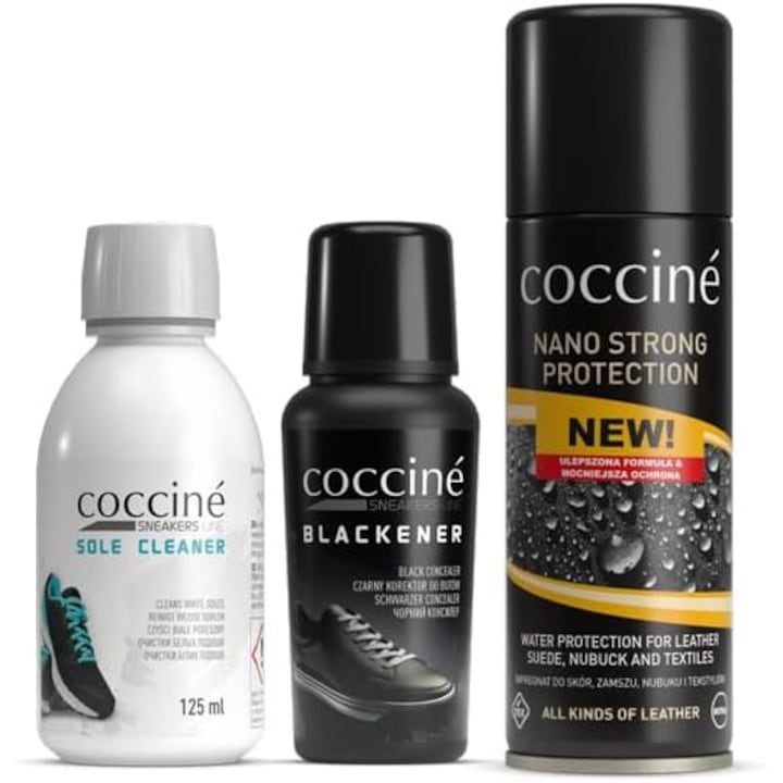 Set de ingrijire pentru curatarea incaltamintei si pielii – solutie pentru curatarea talpilor albe, corector pentru piele neteda neagra, spray impregnant eficient, Coccine