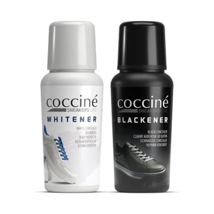 Set pentru curatarea si ingrijirea incaltamintei, Coccine, Corector Alb Whitener 75 ml si Corector Negru Blackener 75 ml, Solutie completa pentru pantofi albi si negri