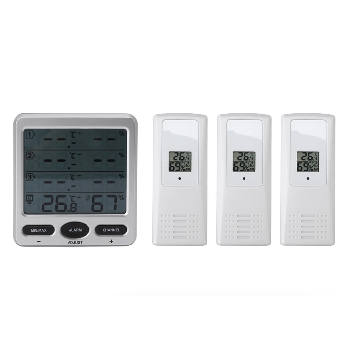 Стаен термометър и хигрометър, прецизно измерване, безжичен, 3 сензора, бял, 363гр