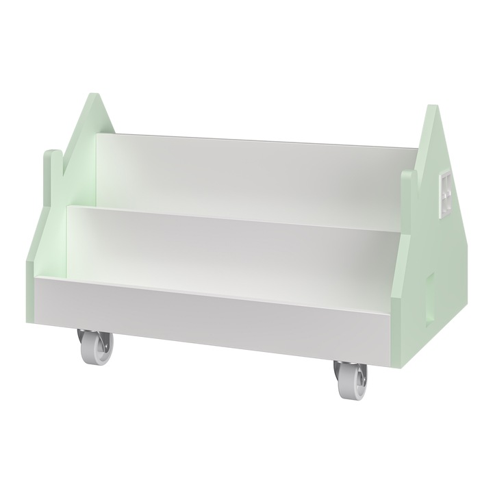 Raft copii, en.casa, Vipsali, 50 x 33 x 34 cm, mdf, verde menta, alb, mobil pe 4 roti, design casuta