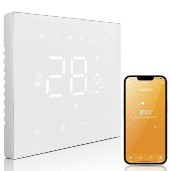 Termostat Inteligent WiFi pentru Incalzire in Pardoseala MIUCDA, 16A, ecran LED, Control prin Aplicatie si Voce, Programabil, Compatibil Alexa & Google Home, Alb