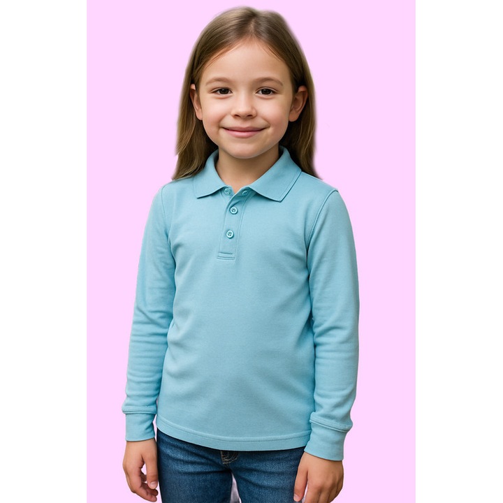 Tricou polo cu maneca lunga fete, Albastru deschis