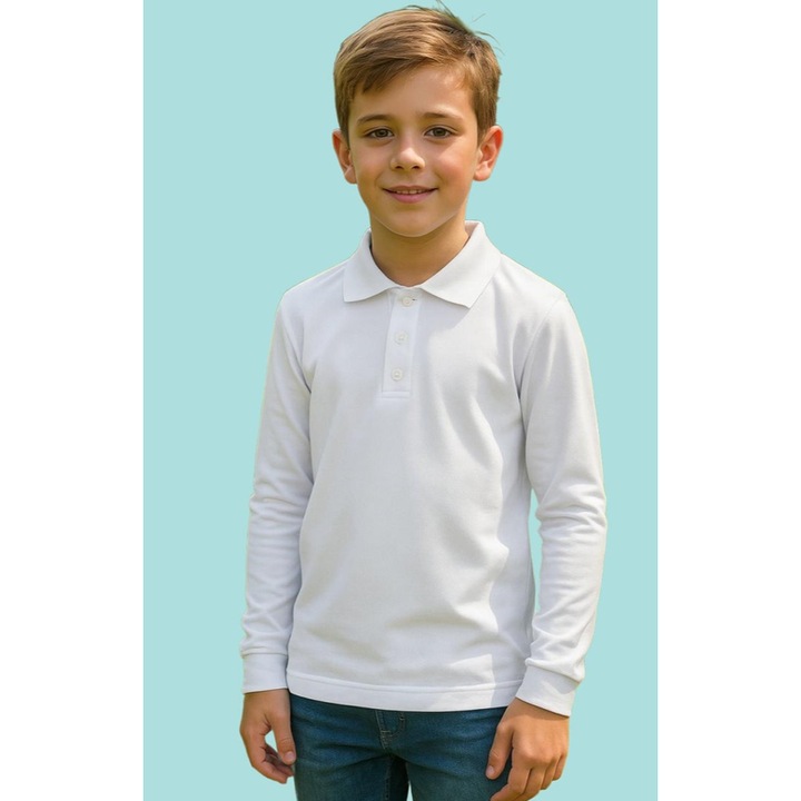 Tricou polo cu maneca lunga baieti, Alb