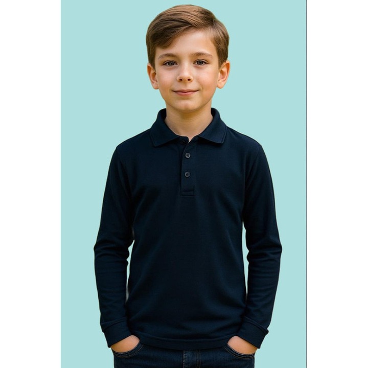 Tricou polo cu maneca lunga baieti, Albastru marin