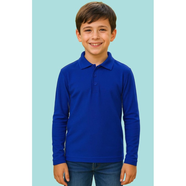 Tricou polo cu maneca lunga baieti, Albastru royal