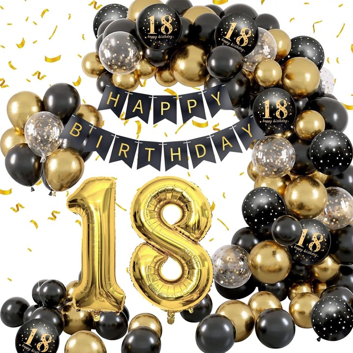 79 darabos születésnapi lufi szett, ZGGZERG, 18. születésnapi parti dekoráció, szám alakú és konfetti lufikat tartalmaz, professzionális és tartós, latex anyag, fekete és arany