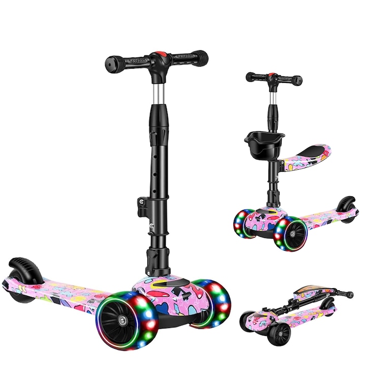 Trotineta Copii cu Sezut, JFYU, Trotineta Copii 2-In-1, cu Roti Luminoase Led si Muzica, Inaltime Ajustabila, Scaun Detasabil, 3-12 ani, Pana La 80 kg, Ghidon cu Inclinare, Suprafata Antiderapanta, Roz Multicolor