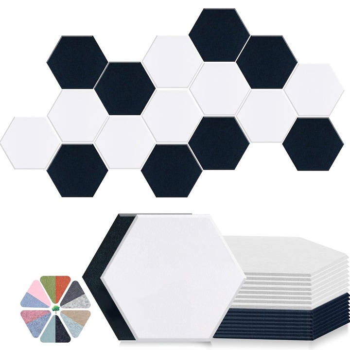 Set 12 Panouri Acustice Autoadezive, Design Autoadeziv Reduce Zgomotul de Fond Suprafata Este Neteda Sigura si Durabila Hexagonal Rezistente la Flacara Pentru Studiouri de Inregistrari Home Theaters Sali de Conferinte Poliester 30x25x1cm, Negru alb