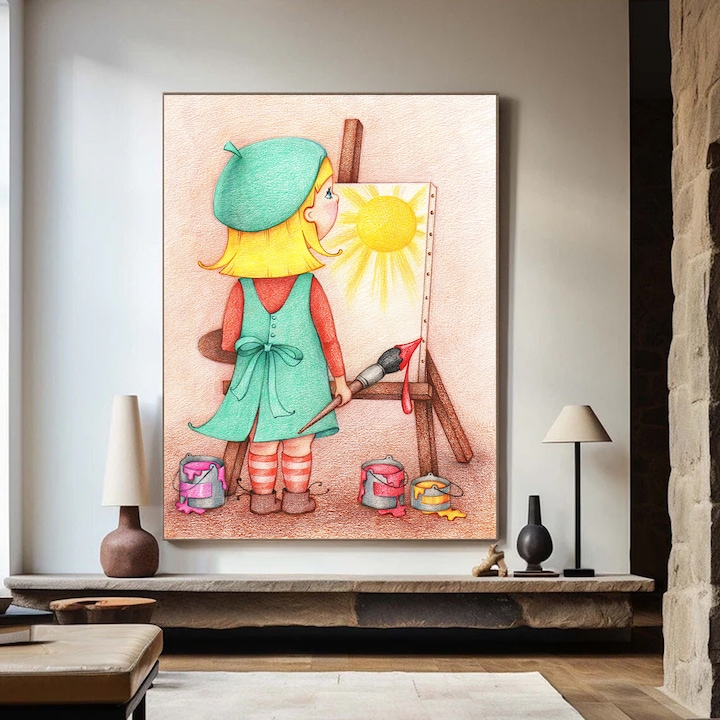 Tablou Camera Copiilor - Fetita pictorita - 70 x 100 cm, Arta Jucausa, Tablou Copii, Tablou Educativ, Tablou Culori Vii, Tablou Cresa, Tablou Gradinita, Design Prietenos, Decor Creativ, Cadou Ideal, Vizio Tablouri Canvas®