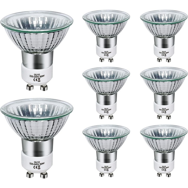 Set 8 becuri halogen GU10 50W, 2800K alb cald, 700 lumeni, 220-240V, sticla clara