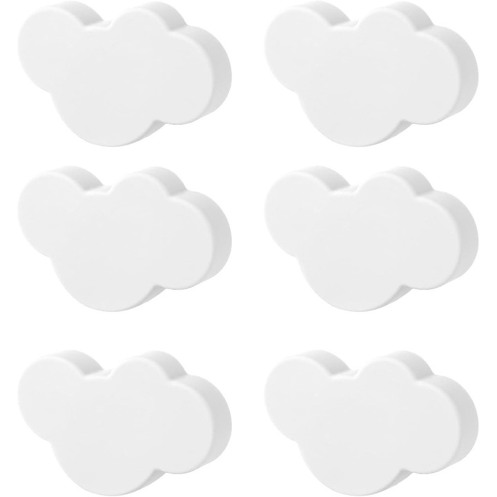 Set 6 manere sertar nori, lemn alb, 3x3cm