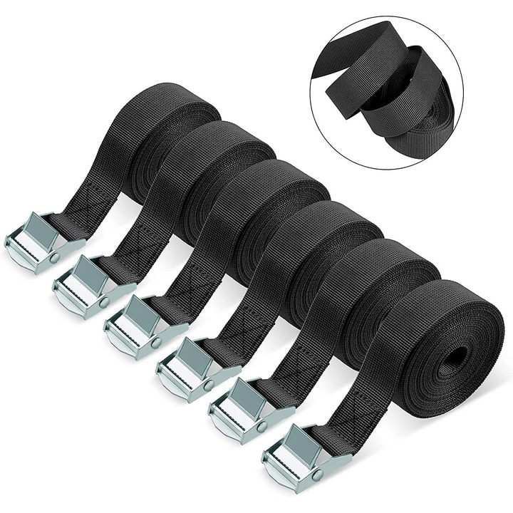 Set 6 curele de tensionare, 3m, 25mm, capacitate 250kg, negru