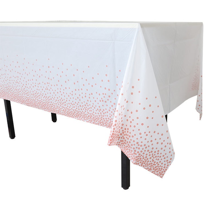Téglalap alakú asztalterítő 137x274cm fehér, rózsaarany pöttyökkel, műanyag
