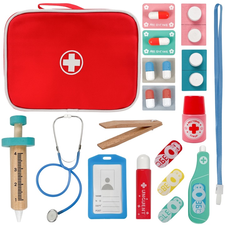 Trusa Micutului Doctor Din Lemn – 20 Accesorii Magnetice, Valiza Cu Fermoar, Joc De Rol Educational Pentru Copii