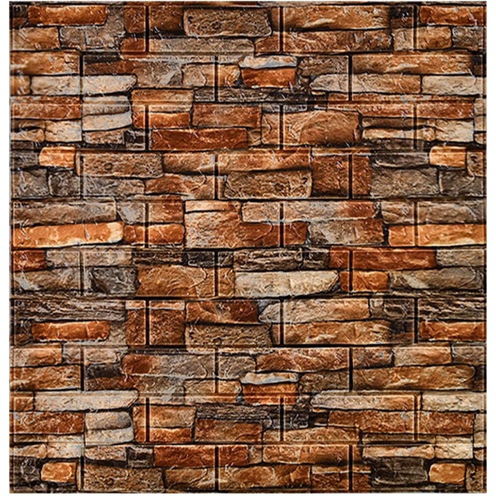 Set 10 Placi Tapet 3D, 70 x 77 cm, Grosime 3 mm, din Polietilena, Model Caramida, Suprafata acoperita 5.3 mp, Piatra Rosie