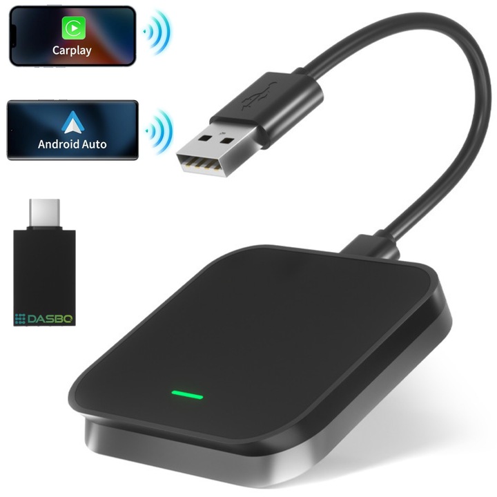 Adaptor Wireless CarPlay & Android Auto 2-in-1 Dasbo® Model 2025 – Compatibilitate universala prin USB Android & IOS Auto, conectare automata, fara fire, plug &play, Oglindire Waze, Harti in Navigatie, Conectare la Microfonul Masinii, Sincronizare Rapida