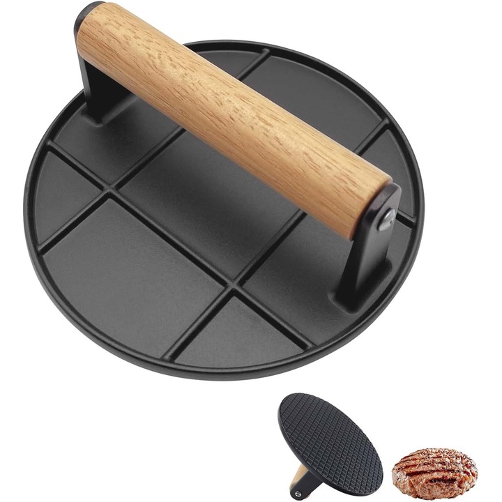 Presa pentru burgeri Smash, presa rotunda pentru hamburgeri de 16 cm, maner din lemn rezistent la caldura, pentru friptura, burger, carne, gratar, neagra