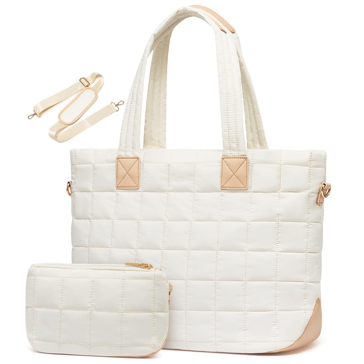 Női laptop táska, nagy puffos táska cipzárral, bézs, 26L, 45x17,5x32cm, 9 rekesz