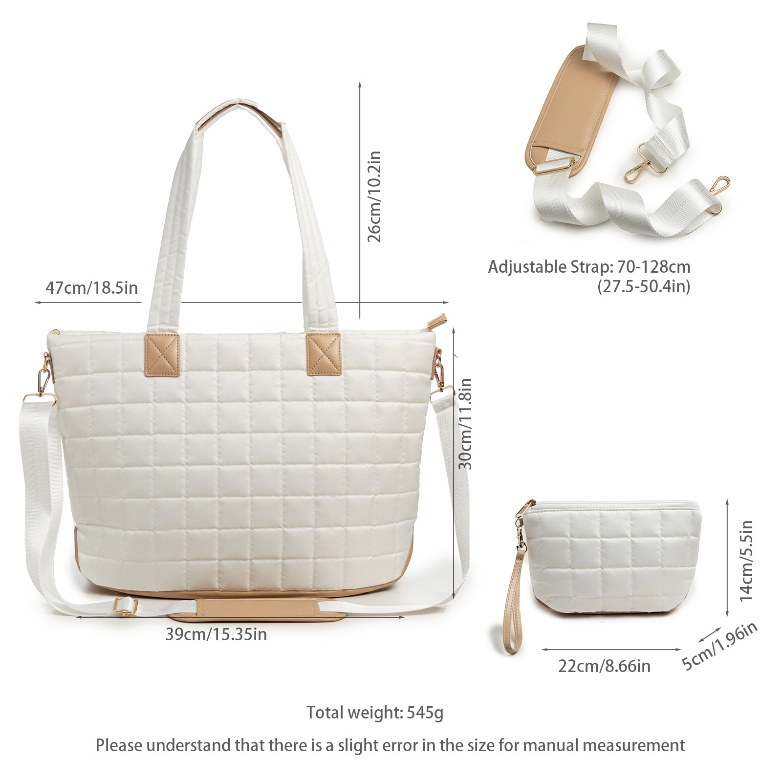 Geanta laptop pentru femei, geanta puffer mare cu fermoar, bej, 26L, 45x17.5x32cm, 9 compartimente