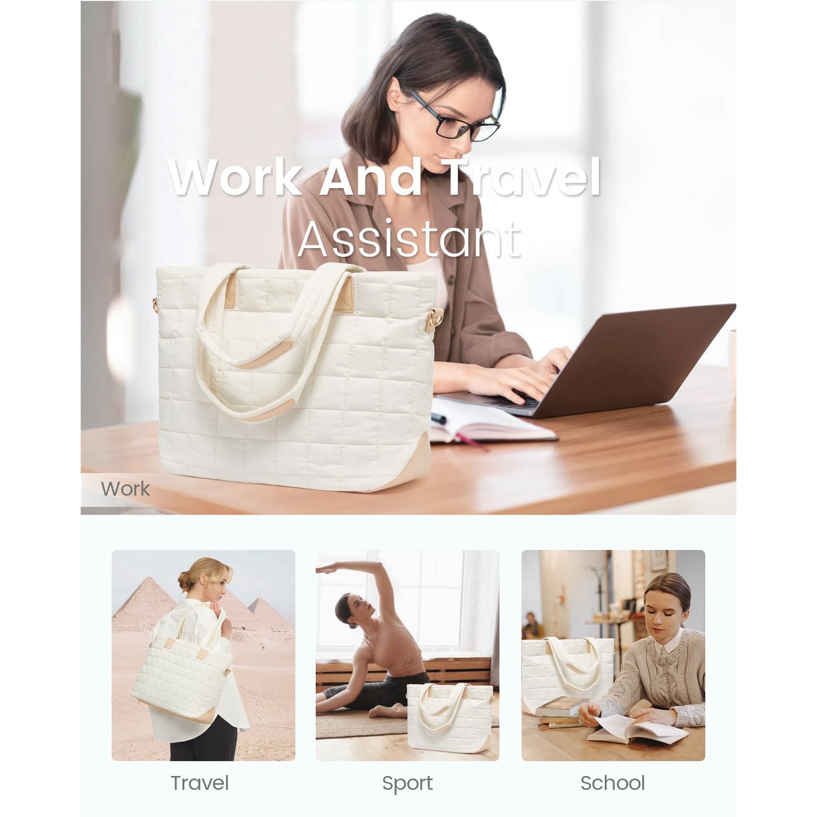 Geanta laptop pentru femei, geanta puffer mare cu fermoar, bej, 26L, 45x17.5x32cm, 9 compartimente