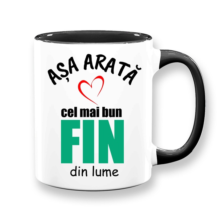 Cana personalizata pentru Fin cu mesaj:"Asa arata cel mai bun Fin din lume", Betaprint, alba cu interior negru, 330ml