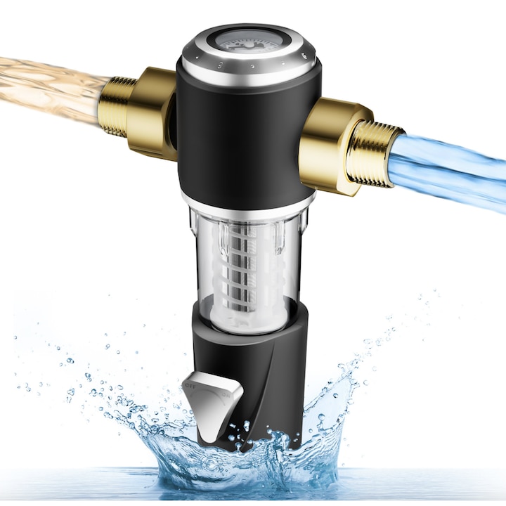 PreFiltru Apa Koopsio Q800, Ultrafiltrare, Carcasa ABS, Fara Curent, Eficient Impotriva Clorului, Manometru Inclus, Negru