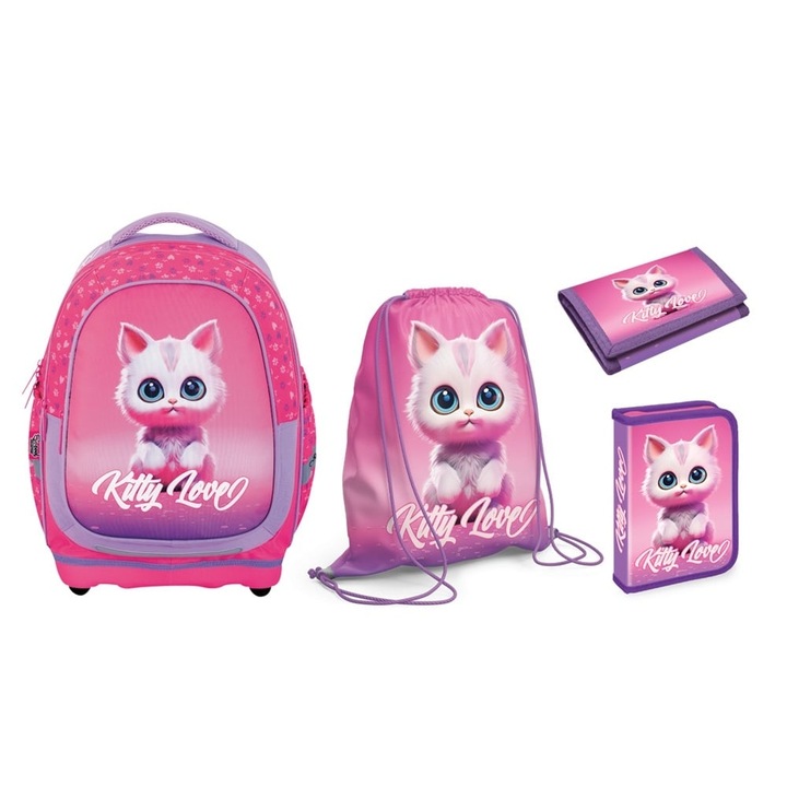 Kis iskolai szett: iskolatáska, felszerelt tolltartó, sporttáska, pénztárca, cica