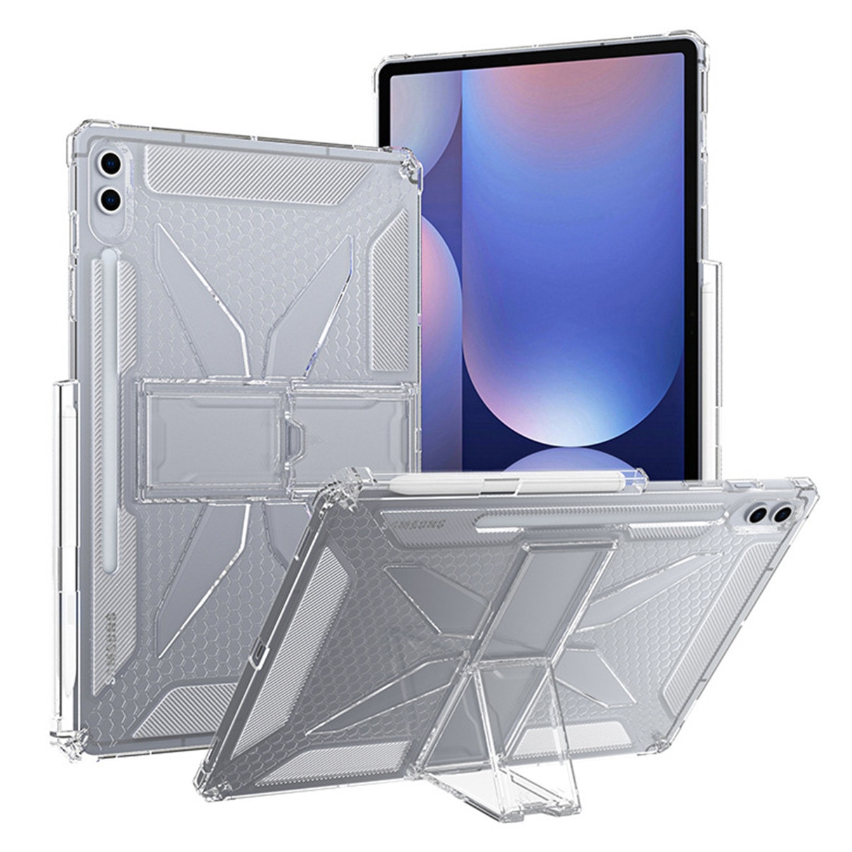 Husa tableta, Pentru Samsung Galaxy Tab A9+ Plus 11 inch, cu suport pliabil si slot pentru stilou, anti-soc si anti-alunecare, TPU, transparent