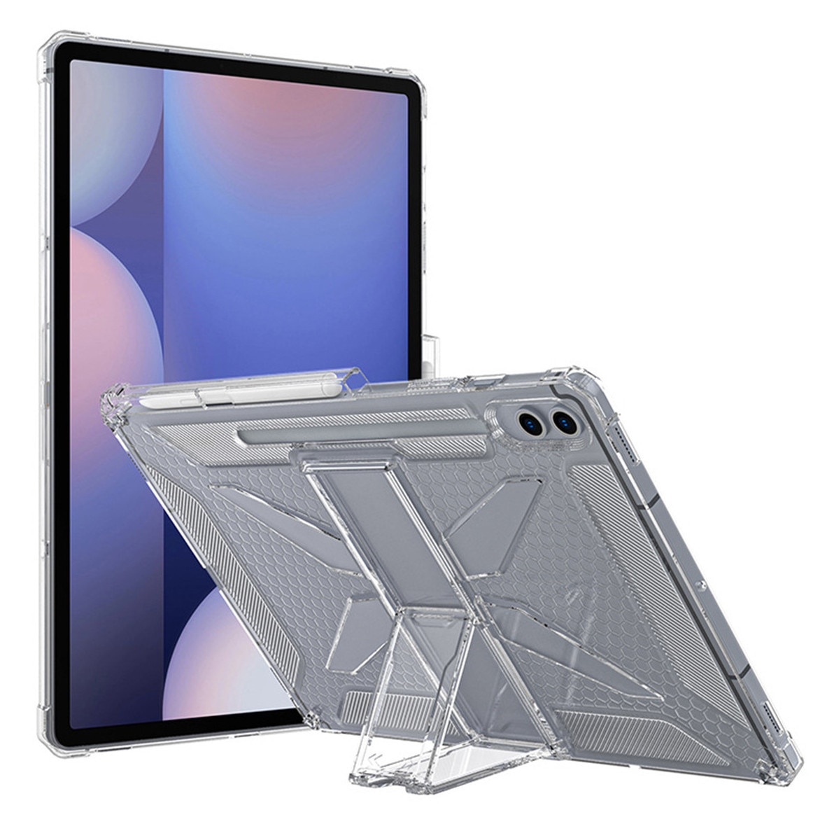 Husa tableta, Pentru Samsung Galaxy Tab A9+ Plus 11 inch, cu suport pliabil si slot pentru stilou, anti-soc si anti-alunecare, TPU, transparent
