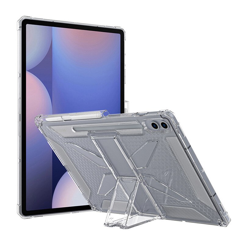 Husa tableta, Pentru Samsung Galaxy Tab A9+ Plus 11 inch, cu suport pliabil si slot pentru stilou, anti-soc si anti-alunecare, TPU, transparent