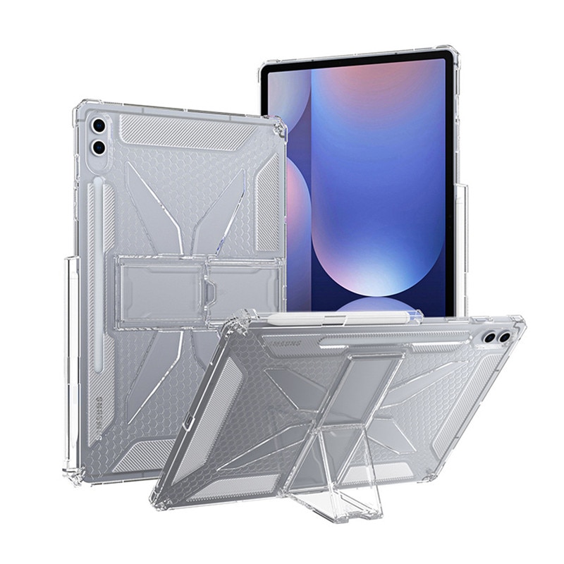 Husa tableta, Pentru Samsung Galaxy Tab A9+ Plus 11 inch, cu suport pliabil si slot pentru stilou, anti-soc si anti-alunecare, TPU, transparent