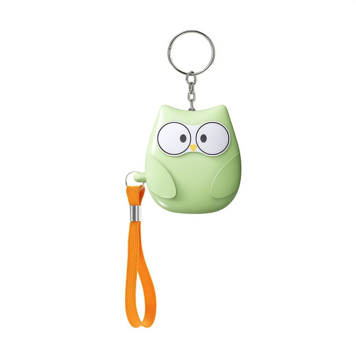 Alarma personala portabila, pentru siguranta copiilor, femeilor sau persoanelor varstnice, tip breloc chei, design bufnita, 130dB, lumina LED, Verde