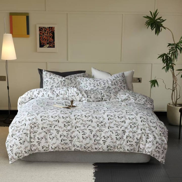 Lenjerie pat dublu din tricot cu elastic, bumbac 100%, 180 x 200 cm, 4 piese, Lenjerii Deosebite, Ramuri cu flori