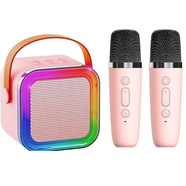 Karaoke szett gyerekeknek és felnőtteknek, hordozható Bluetooth hangszóró, 2 vezeték nélküli mikrofonnal, szórakoztató hangváltó funkcióval, USB-C töltéssel, FM rádióval, színes LED-del, pink