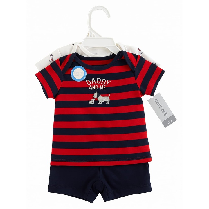 Set compleu 3 piese Carter's, body cu imprimeu, tricou dungat, pantaloni scurti, multicolor, 74 cm