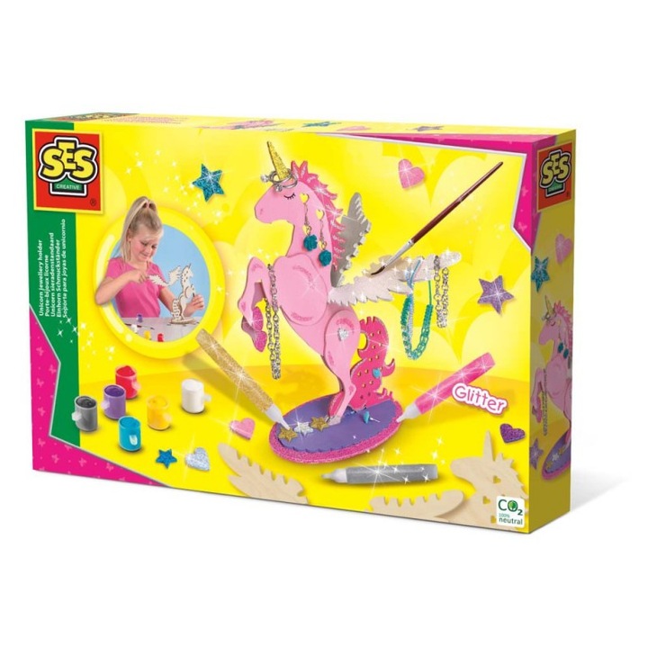 Set creativ pentru copii suport de bijuterii unicorn cu 6 culori acuarele si lipici cu sclipici