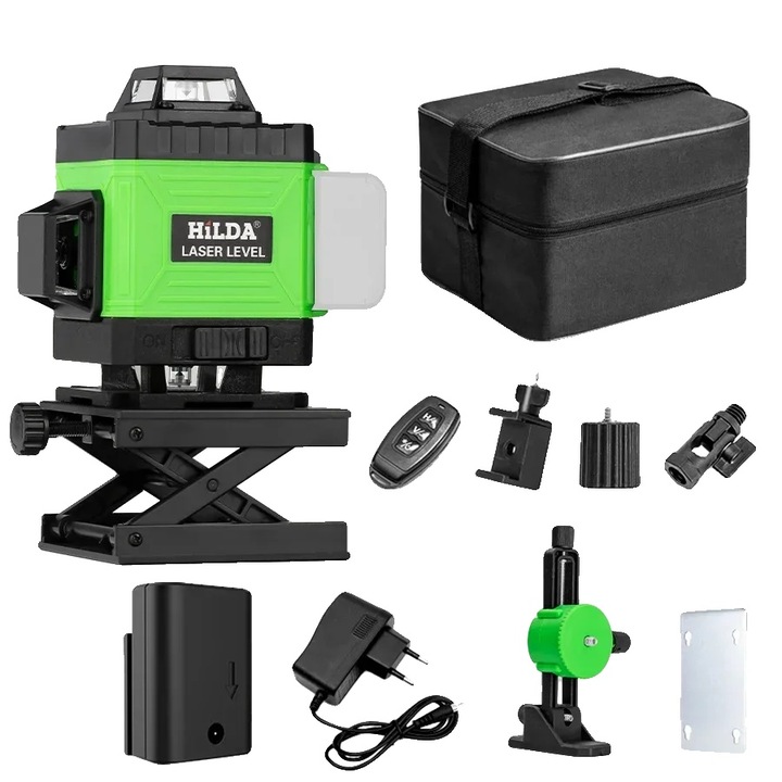 Lézeres szintező, 16 vonal, zöld sugár, önszintező, kompakt méret, elemes