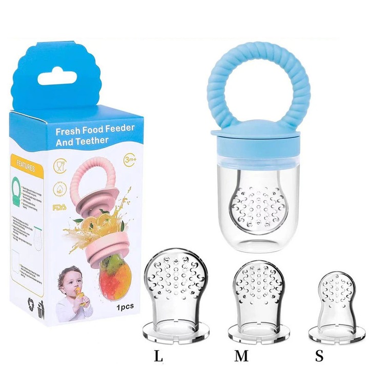 Биберон за плодове и зеленчуци за бебета, хранилка за бебешка храна/замразени плодове, може безопасно да добавя допълващи храни без бисфенол А силикон за облекчаване на натиска от зъбите на бебето, син с 3 биберона