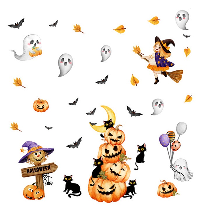 Feicaeesa® Dekormatrica, Halloween Elemek, Öntapadós, Boszorkány, tök és szellem mintás falmatrica, 105x100cm