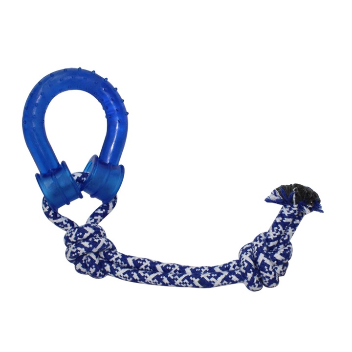 Jucarie interactiva pentru caini, Sfoara cu silicon rezistent la muscatura, Curatare dentara si calmare gingii, Pentru catei si caini de talie mica/medie, 20 cm, Albastru