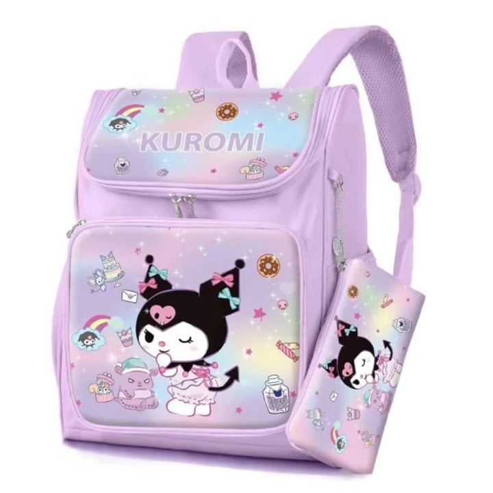 Set ghiozdan scolar din microfibra, captusit cu PP, cu imprimeu Kuromi – 2 piese, Lila, 30x14x38 cm