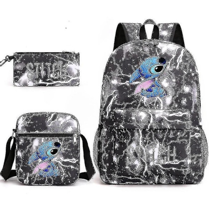 Ghiozdan si geanta umar set 3 piese, Lilo Stitch, negru, 32x45x13cm, 21x24x7cm, 20x10cm