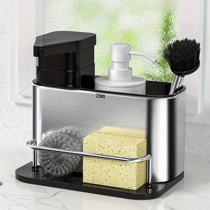 SIKS Поставка за кухненска мивка с дозатор за течен препарат, отделение за съхранение и сушене на прибори, подвижна, 18,5 см x 17,5 см x 12,5 см, неръждаема стомана / пластмаса