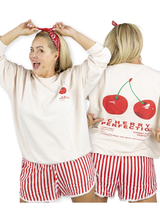 Bluza dama Cherry Perfection, oversize, cu imprimeu cirese, casual, bumbac, bej, Agrafka unisize
