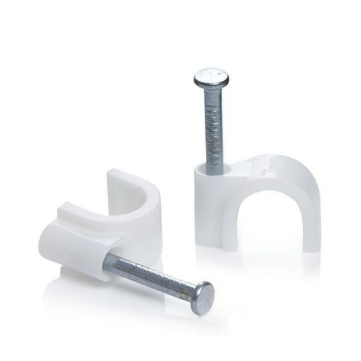 Set 100 x Cleme cu Cui, 10mm, Fixare cablu in perete, Alb