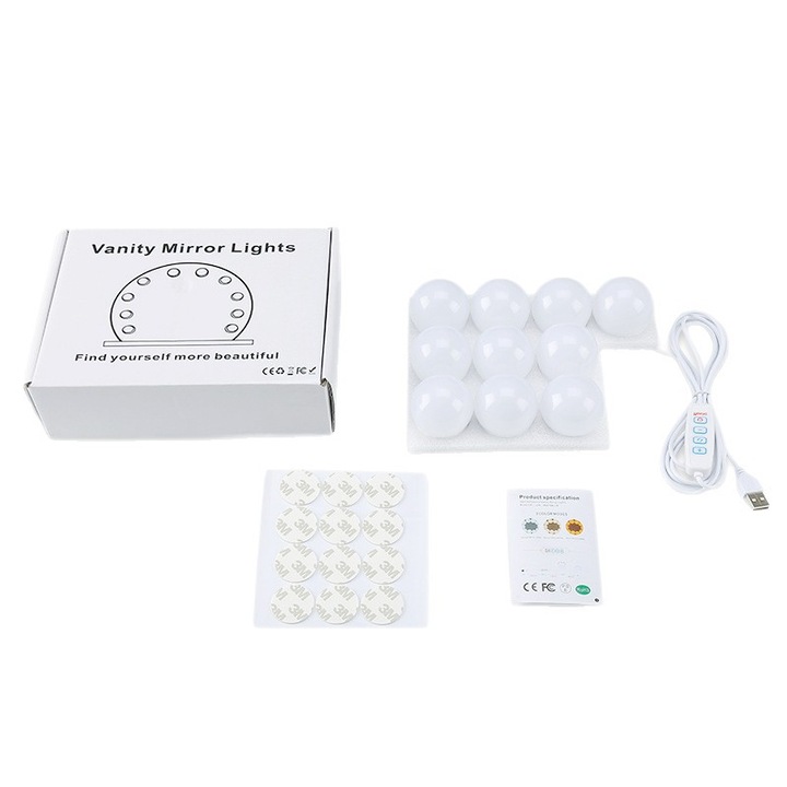 Set lumini LED pentru oglinda cosmetica, 3 culori, alimentare USB, autoadezive
